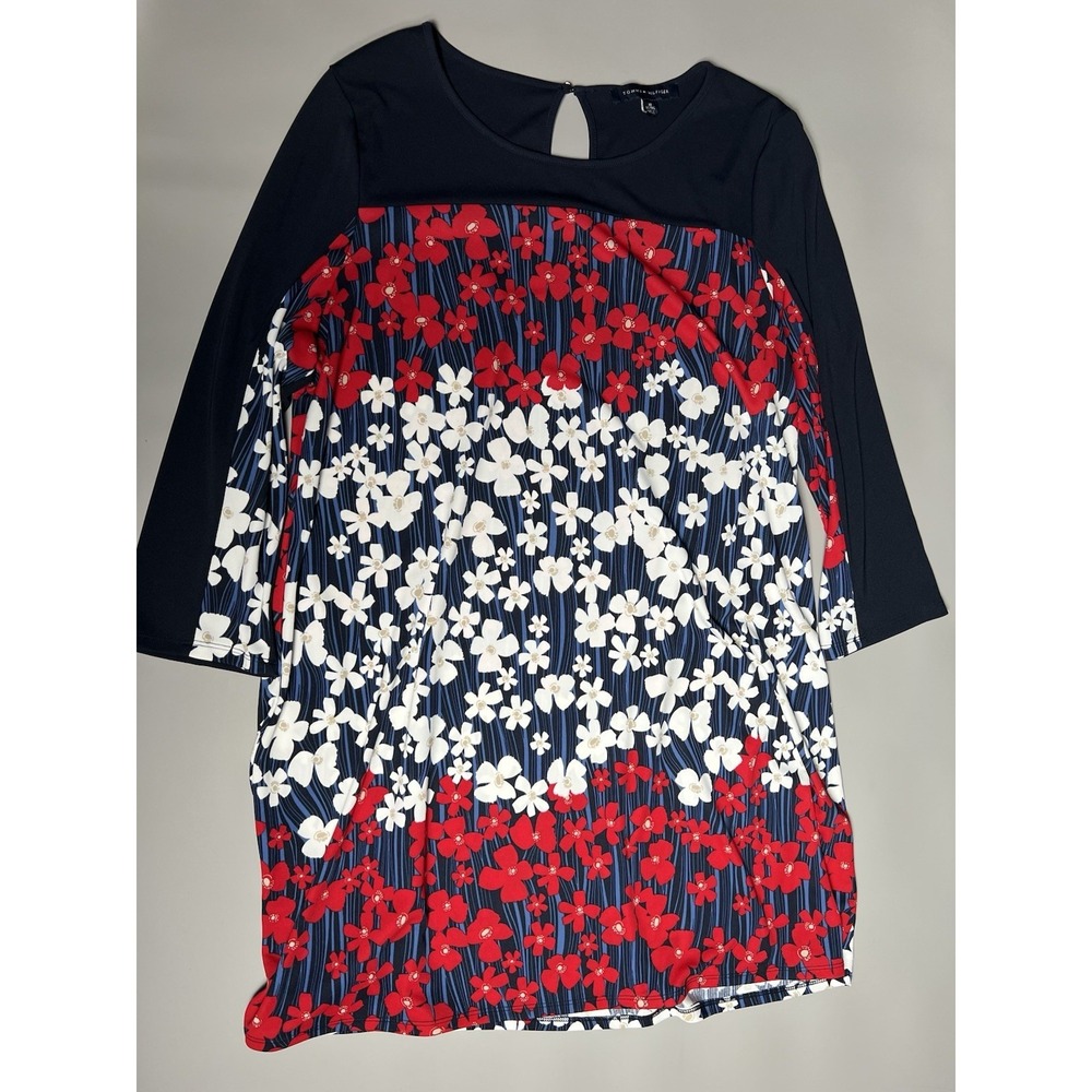 Tommy Hilfiger Women's‎ Floral Shift Dress Knit Stretch Keyhole Navy Size XL